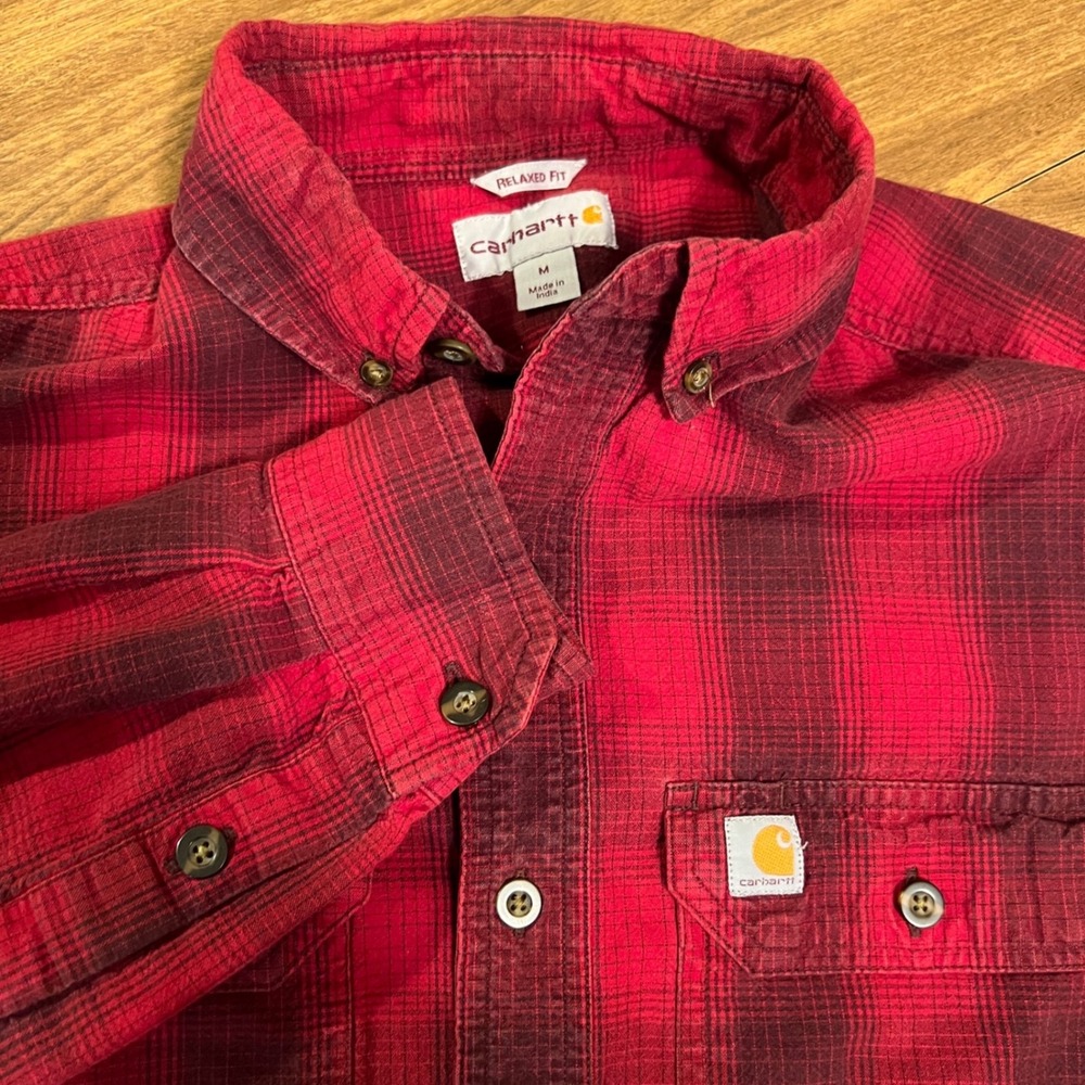 Carhartt Mens Relaxed Fit Shirt Red Black Plaid Long Sleeve Button Down M